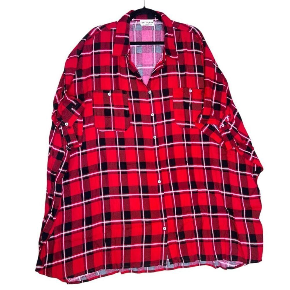 First Love by Lovelyn Red Plaid Button Front Shirt 2X Roll Tab Sleeves